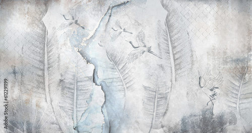 Beautiful leaves and cranes illustration on concrete crack wall with abstracd. Background for wallpaper, photo wallpaper, mural, card, postcard, painting. Design in the loft, classic, modern style.