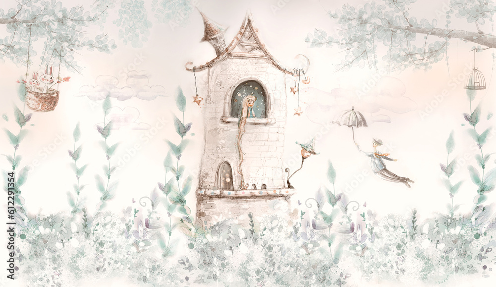 The princess in the tower in soft pink colours. llustration for wallpaper, mural, card, dpoter, interior decoration. Kids room. - obrazy, fototapety, plakaty 