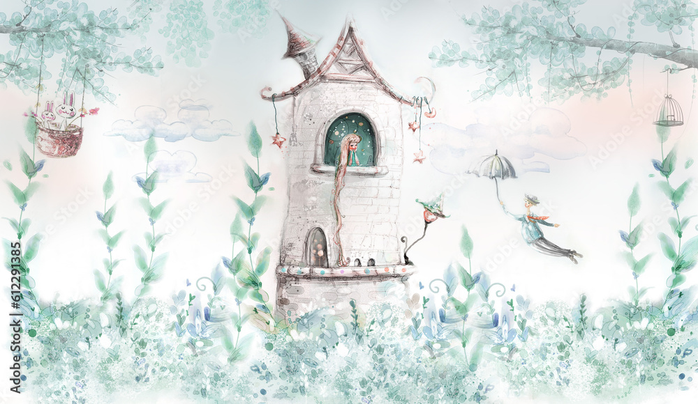 The princess in the tower. llustration for wallpaper, mural, card, dpoter, interior decoration. Kids room. - obrazy, fototapety, plakaty 