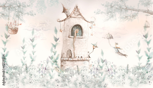 The princess in the tower in soft pink colours. llustration for wallpaper, mural, card, dpoter, interior decoration. Kids room. photo