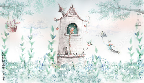 The princess in the tower. llustration for wallpaper, mural, card, dpoter, interior decoration. Kids room.