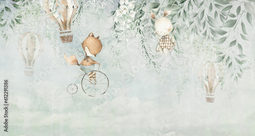 Fox and bunny with balloon in the background, watercolor greenery, can be used as invitation card for wedding, birthday and other holiday and  summer background. 