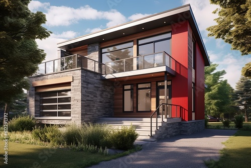 Red Siding & Natural Stone Cladding: A Striking New Development Dwelling with an Innovative Layout & Single Car Garage, generative AI