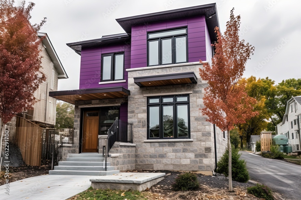Innovative Layout and Striking Aesthetics Define this New Development Dwelling with a Single Car Garage and Beautiful Purple Siding, Featuring Natural Stone Cladding, generative AI