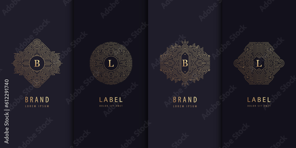 Vector set of golden label design patterns. Circle art deco logos ...