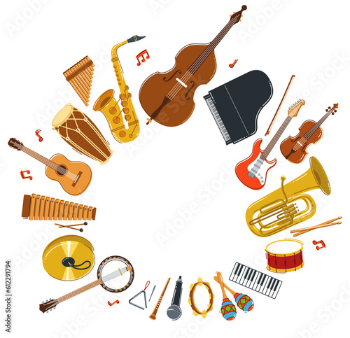 Music orchestra different instruments frame vector flat illustration, live sound concert or festival, musical band or orchestra playing and singing songs, elements can be used separately.