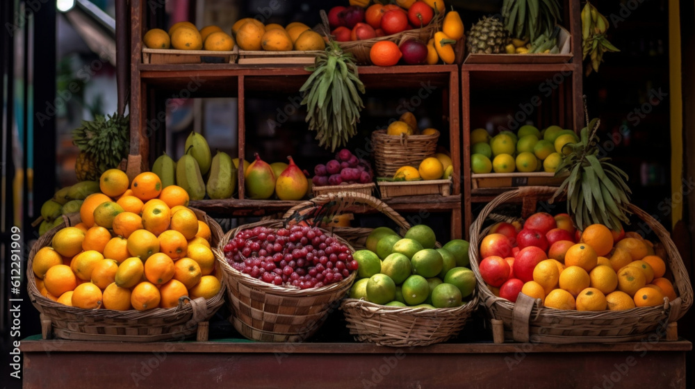 市場の棚に並んだ果物とカゴの中の果物GenerativeAI