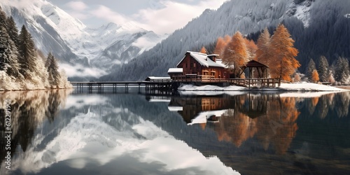 a house on the lake under the mountains, generative AI