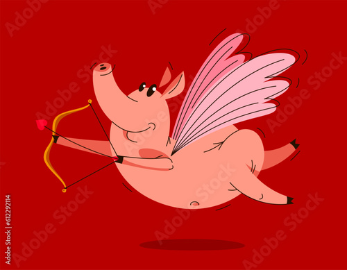 Funny cartoon pig with wing...