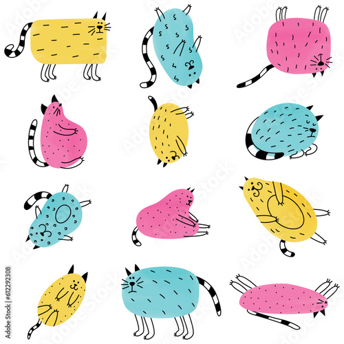 Funny fat cats. Cool clipart collection. Set of simple stylish elements for product packaging design. Cute vector illustrations for prints on clothes and notebooks. Drawings in children's style.