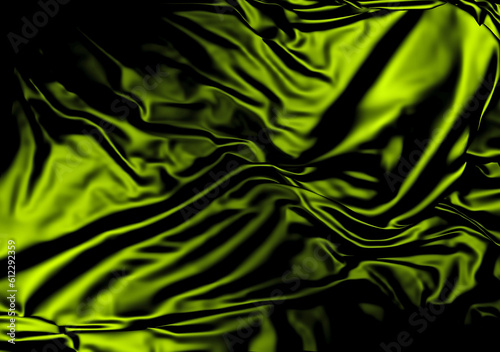 Elegant green fabric backgrounds. Metallic color of shiny textile, soft texture. Satin folds, waves pattern. Luxury fashion. Smooth glossy clothes. Silk bedsheet. 3D render illustration