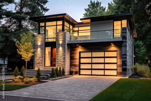 Sleek Architecture and Sumptuous Amenities in a Newly Built Residence with Dark Blue Siding and Natural Stone Entrance Featuring Single Car Garage., generative AI