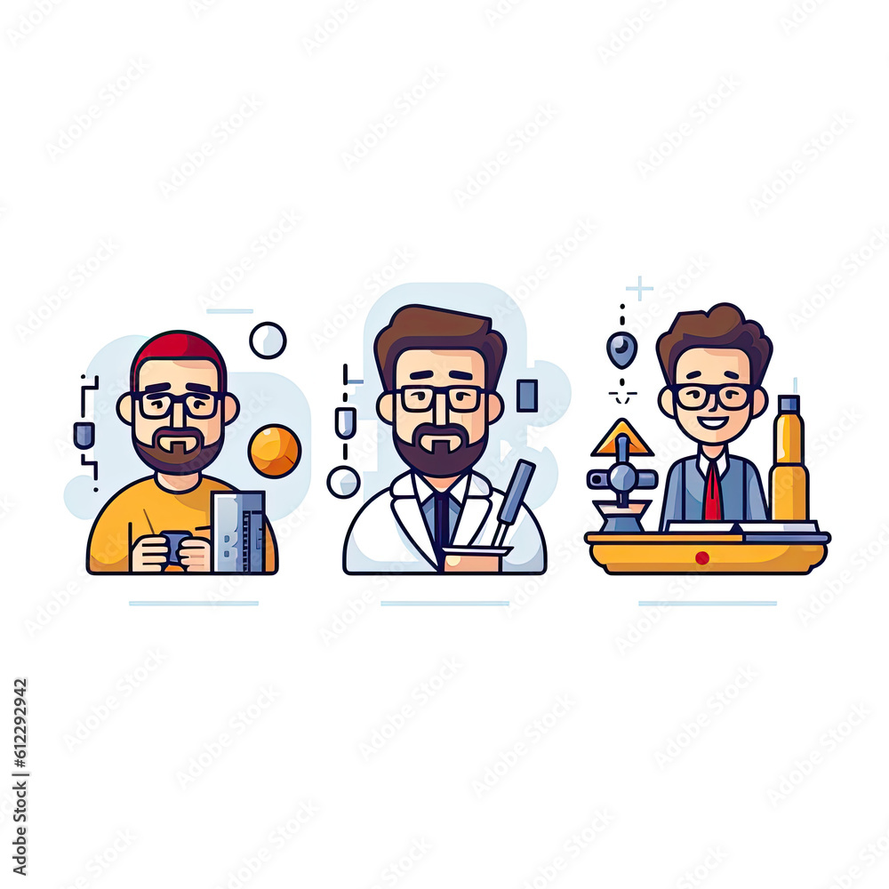 illustrations of icons on a white background. one of a student, one of an engineer, and one of a professor