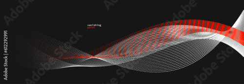 Wave of flowing vanishing particles vector abstract background, red and black curvy lines dots in motion relaxing illustration, smoke like image.