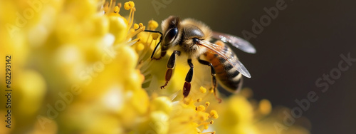 a bee collects pollen on flowers. generative AI © Артур Комис