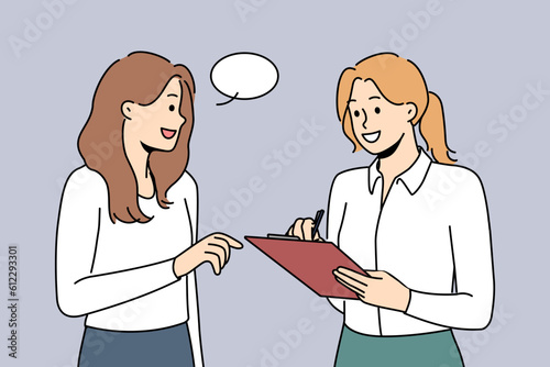 Smiling female interview with folder talk with passerby on road. Happy woman conduct survey on street. Poll and questionnaire. Vector illustration. 