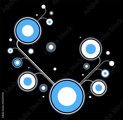 Abstract vector technology theme background with connected circles over dark, geometric design linear connection, software network system.