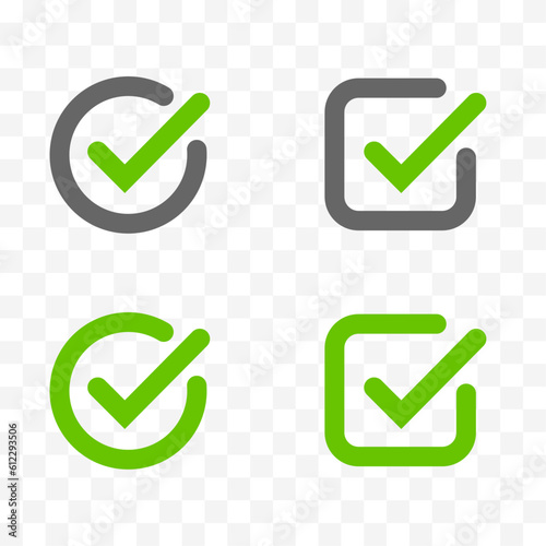Checkmark icon set. Easily editable line art sign on transparent background. Tick or check mark symbol collection. Vote, success, ok, vector stock illustration.