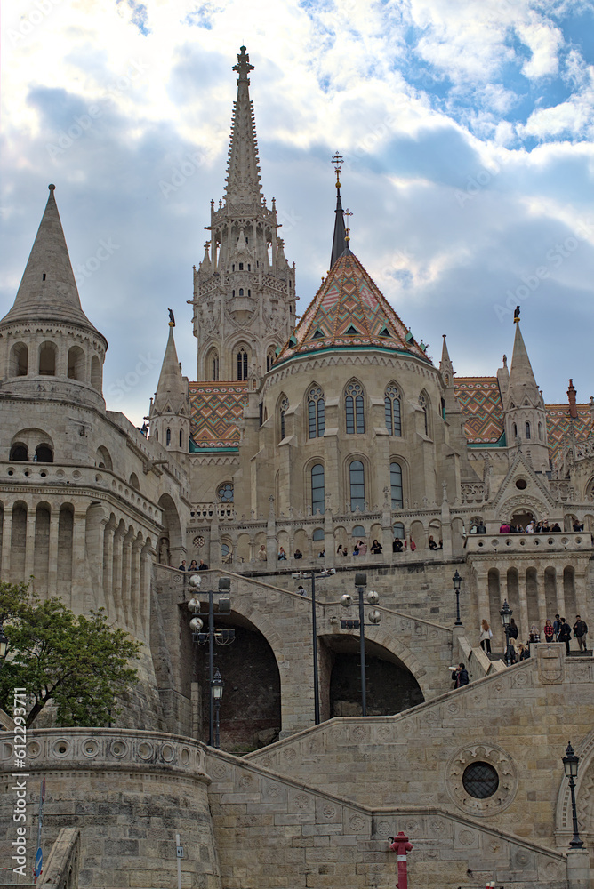 Budapest, Hungary - Matthias Church in the Fisherman Bastion. Major tourist attraction.