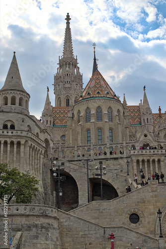 Budapest, Hungary - Matthias Church in the Fisherman Bastion. Major tourist attraction.