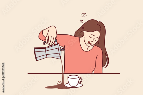 Tired woman spills coffee falling asleep during breakfast and needing vacation due to regular overtime. Sleepy girl suffers from chronic fatigue and needs coffee and caffeinated drinks.