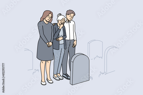 Unhappy family in black clothes crying at relative grave on cemetery. Upset desperate people mourn yearn at tomb after deceased person. Burial. Vector illustration. 