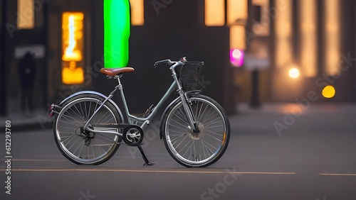 bicycles in the city, The bike itself should be stylish and sleek, with a modern design and reflective surfaces that catch and enhance the surrounding light