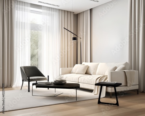Modern living room interior with sofa. Empty wall. Generative AI. © TrueAI