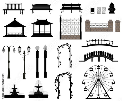 City park elements set, pillars, lanterns, fense, benches, gazebos, arches, ferris wheel and fountains. Vector illustration.