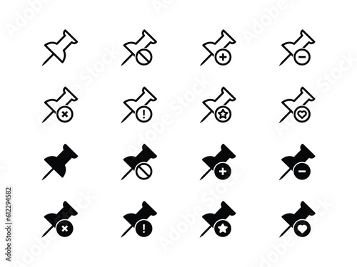 Push pin actions interface vector icons set. Unfasten, add pin, minus pin, delene pin, favorite and like pins icons.