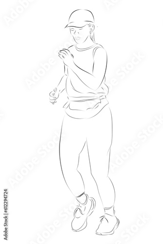 woman warming up run runner, simple vector hand draw outline sketch, isolated on white 