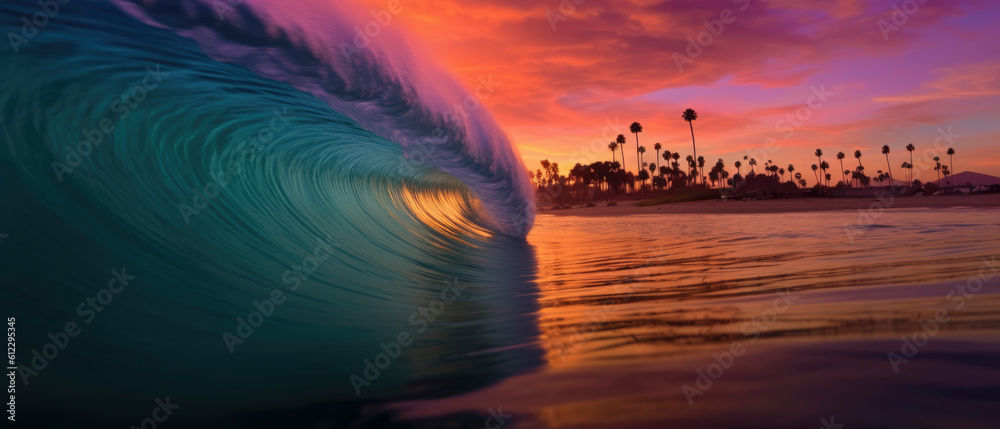 turquoise barrel wave and orange sunset with tropical beach and palm trees in background web banner generative ai
