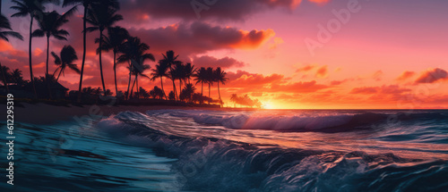 cloudy orange sunset with tropical beach and palm trees web banner generative ai