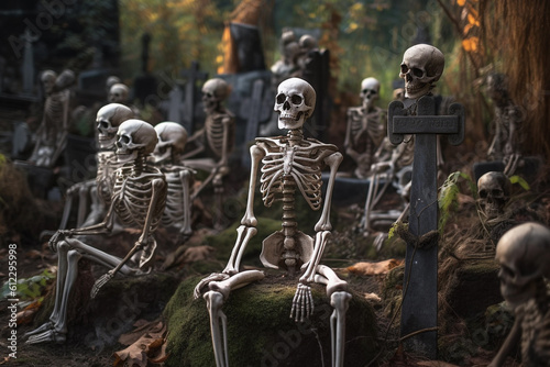 A group of skeletons sitting in a graveyard, Halloween concept, Generative AI