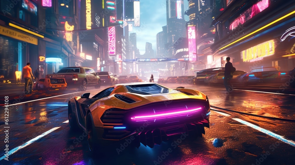 Action packed scene featuring a thrilling chase sequence between futuristic hover cars, with neon trails and high speed maneuvers through a futuristic city