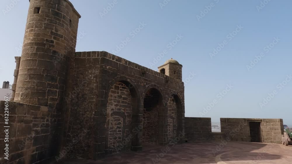 Skala de la Ville fortress in Essaouira, Marocco, wide shot of brick towers Skala de la Ville fortress in Essaouira, Marocco, wide shot of brick towers
