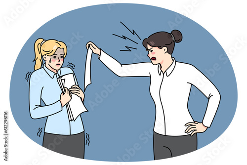 Furious businesswoman show document scream at female employee for mistake or error. Angry woman boss show power shout at scared subordinate. Psychological pressure. Vector illustration.