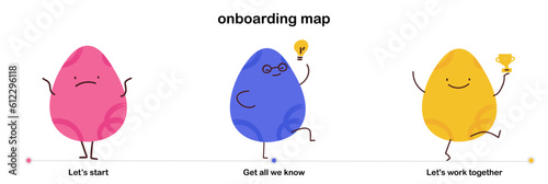 Banner with a map of onboarding. Illustration with funny characters - geometric shapes. Vector business illustration. New employee training