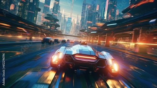 Action packed scene featuring a thrilling chase sequence between futuristic hover cars, with neon trails and high speed maneuvers through a futuristic city