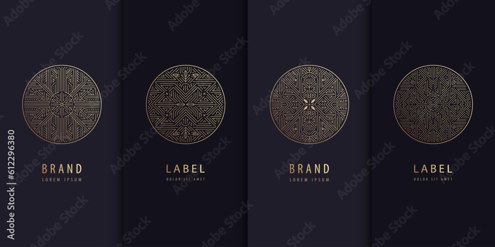 Vector set of golden label design patterns. Circle art deco logos ...