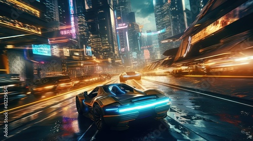 Action packed scene featuring a thrilling chase sequence between futuristic hover cars, with neon trails and high speed maneuvers through a futuristic city