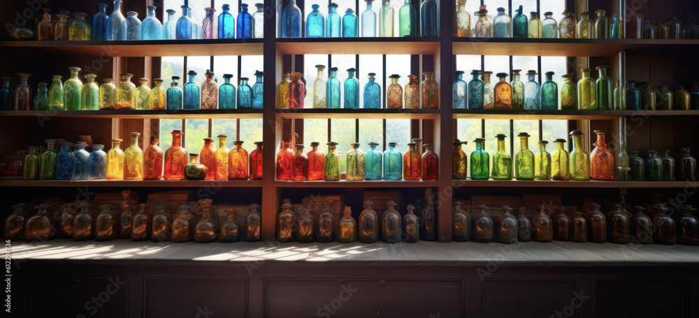 Hand made glass bottles and jars on a shelf in front of a window. Glass craft atelier or glass workshop. Handmade glass containers in blue, green and amber etc. hand edited generative AI.  