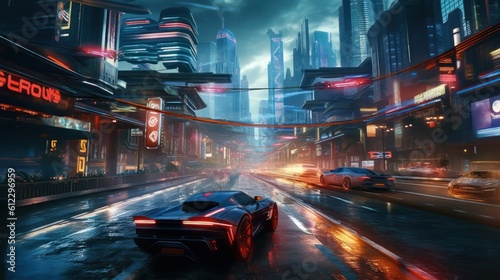Action packed scene featuring a thrilling chase sequence between futuristic hover cars, with neon trails and high speed maneuvers through a futuristic city © Damian Sobczyk