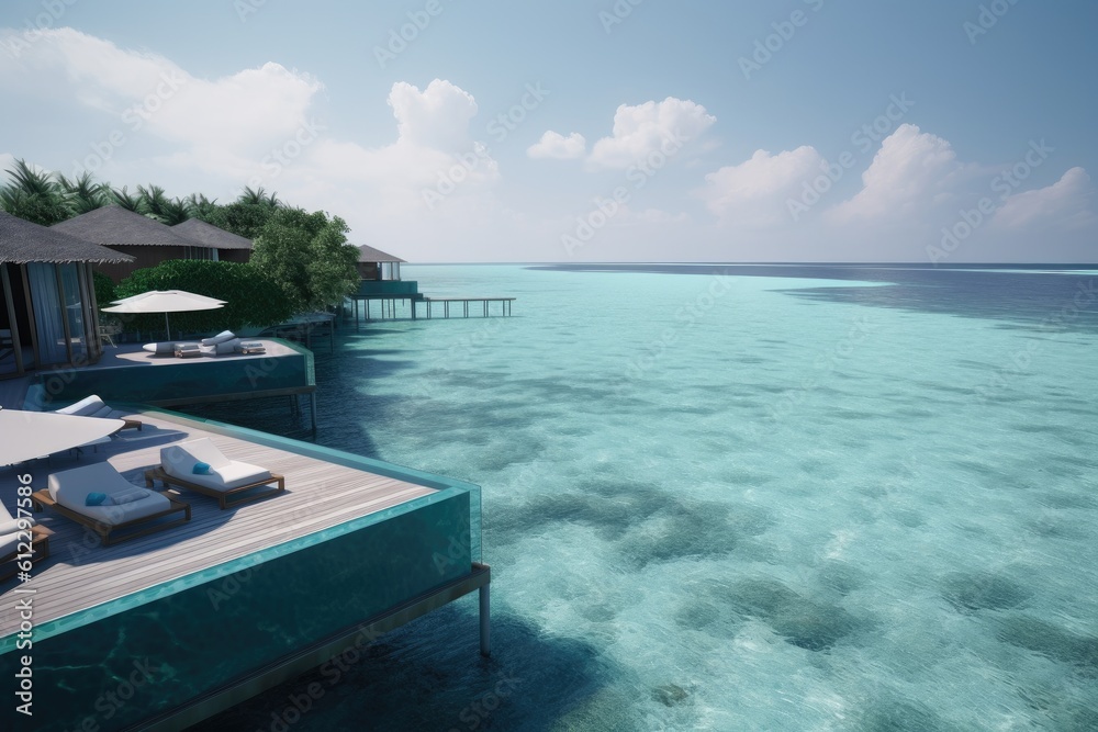 Fototapeta premium Amazing drone view of the beach and water with beautiful colors. luxury tropical resort or hotel with water villas and beautiful beach scenery. maldives, summer vacation, resort maldivian houses.