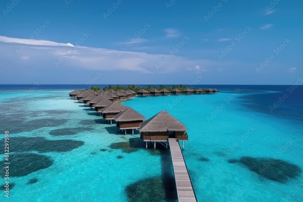 Amazing drone view of the beach and water with beautiful colors. luxury tropical resort or hotel with water villas and beautiful beach scenery. maldives, summer vacation, resort maldivian houses.