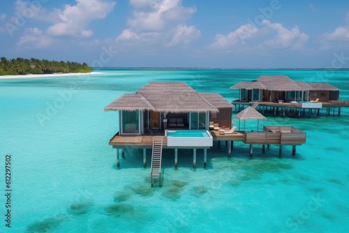 Amazing drone view of the beach and water with beautiful colors. luxury tropical resort or hotel with water villas and beautiful beach scenery. maldives, summer vacation, resort maldivian houses. © PimPhoto