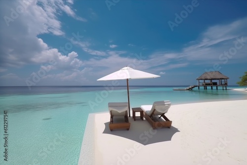 Amazing drone view of the beach and water with beautiful colors. luxury tropical resort or hotel with water villas and beautiful beach scenery. maldives, summer vacation, resort maldivian houses. © PimPhoto