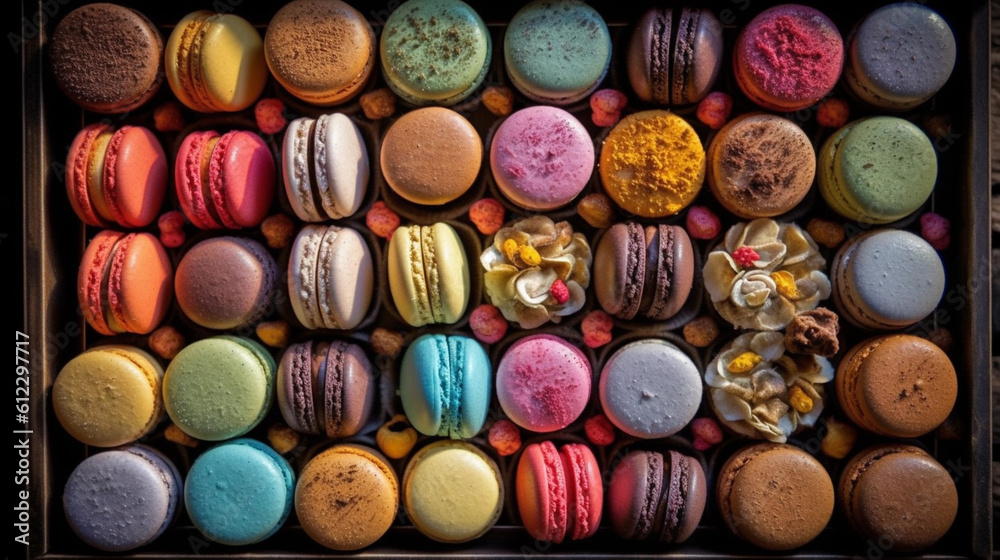 A tray of colorful macarons, displayed in an appealing arrangement A tray of colorful macarons, displayed in an appealing arrangement