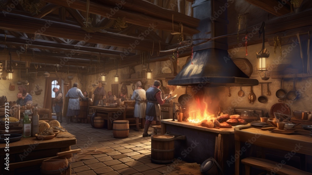 Bustling kitchen area of the tavern, with cooks preparing delicious meals, pots simmering on the fire, and savory aromas filling the air