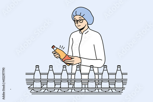 Female worker in uniform and headwear checking bottles on production line on factory. Woman employee control juice or milk quality at plant. Vector illustration. 